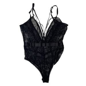 Oh La La Cheri Plunge Neck Black Floral Lace Teddy Sexy Sheer‎ Bodysuit Lingerie